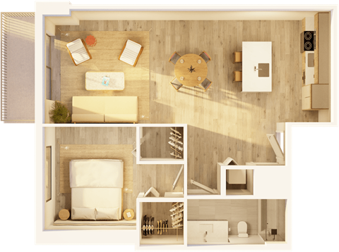 Floor plan for 1 bed, 1 bath, 844 sqft